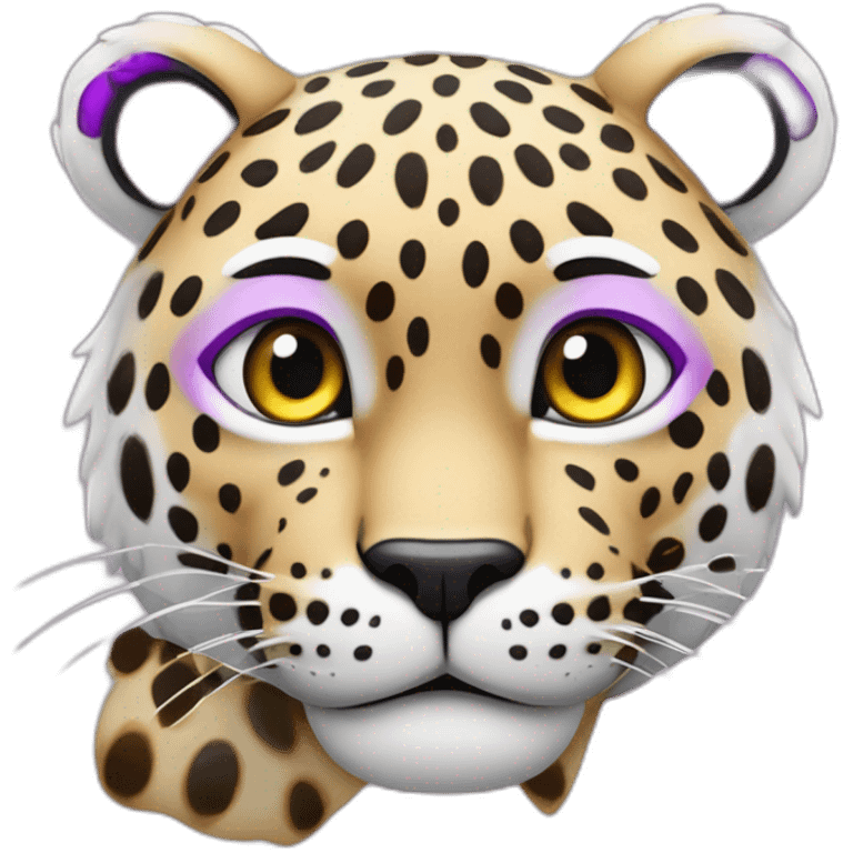 Haz un emoji de un leopardo de las nieves, con manchas violetas, y pelo rosa emoji