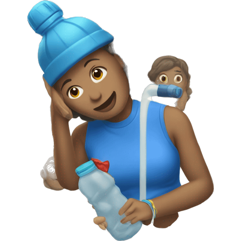 woman drinking very big blue water bottle emoji