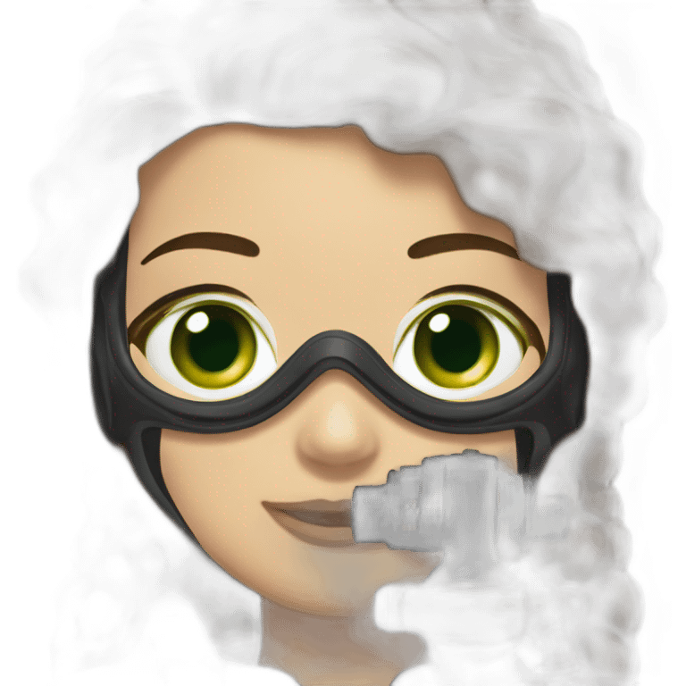 woman brown hair flaco diving mask with diving regulator in mouth, green eyes emoji