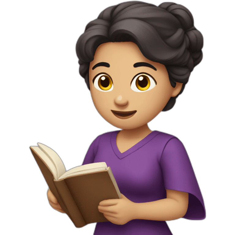 Armenian women with the purple clothes reading book and looking at camera and smiling  emoji