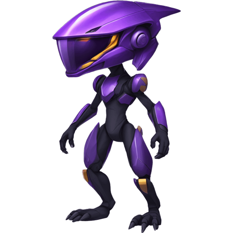 a shiny black-purple Genesect-Raptor-Fakémon—hybrid with a futuristic visor-helmet full body emoji