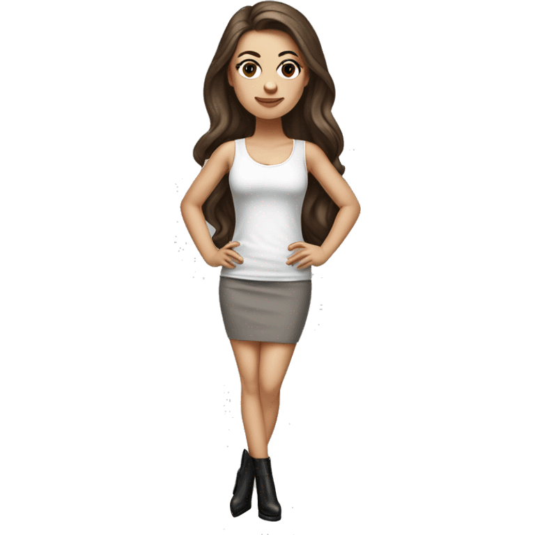 hyperrealist caucasian, long brown hair, brown eyes, woman, white decollette tank top, gray tight mini skirt, black high heels, full height emoji