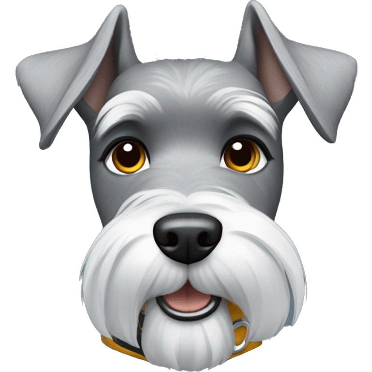 Gray schnauzer with pointy ears wearing a blue collar with lightning bolt tag emoji