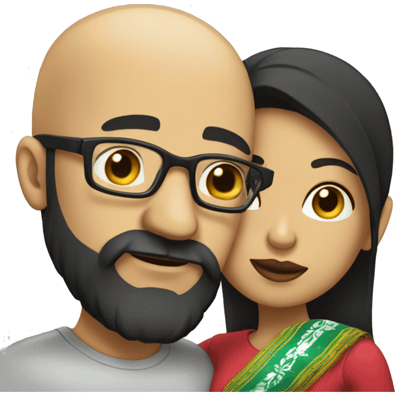 bearded Bald man wearing glasses kissing a Mexican woman with black hair emoji