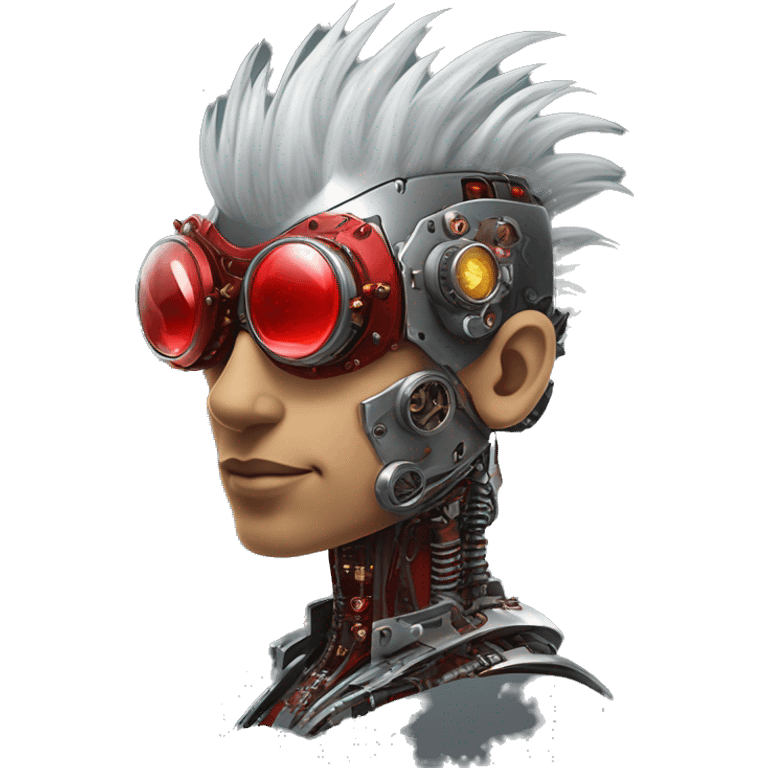 cyborg head with Silver mohawk, red steampunk goggles, red goatee and circuits emoji