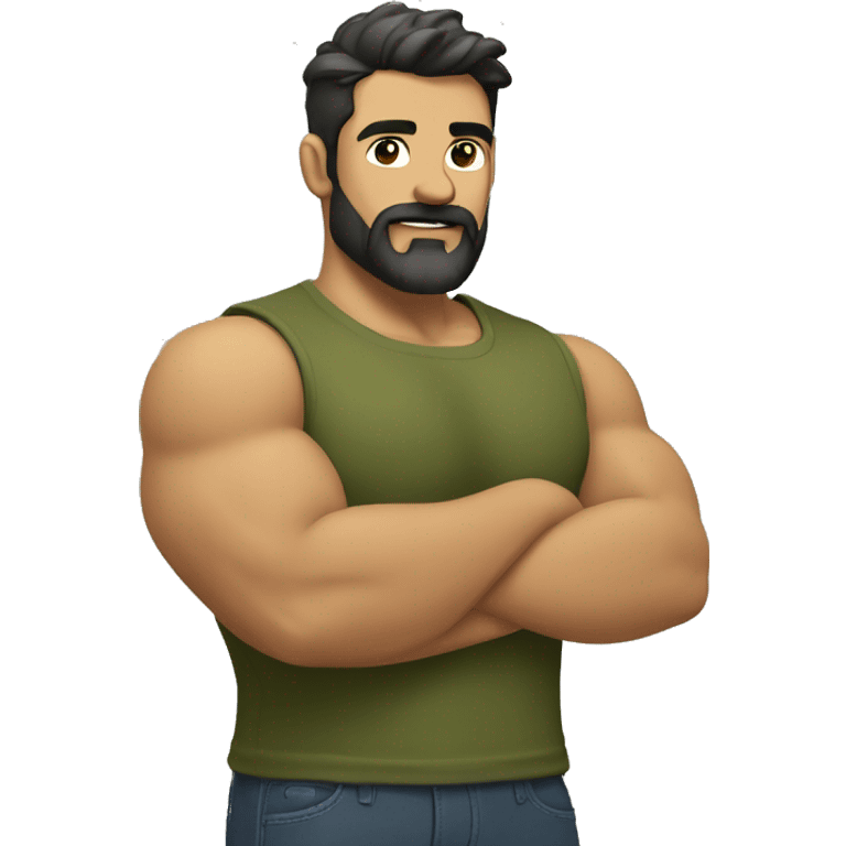 muscular man with dark hair. Little salt and pepper beard. Making a muscle with his left arm. In a olive green shirt emoji