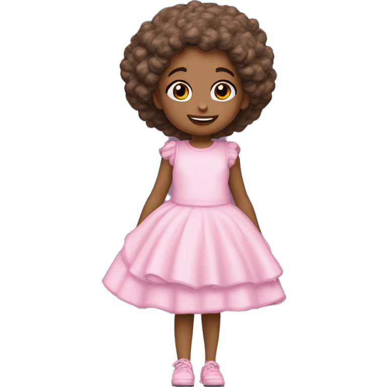 Menina com ca encaracolado em dois tons pastel: rosa do lado esquerdo e Lilás do lado direito. A menina está usando um vestido rosa claro com detalhes de flores brancas na barra e calçando tênis rosa brilhante. emoji