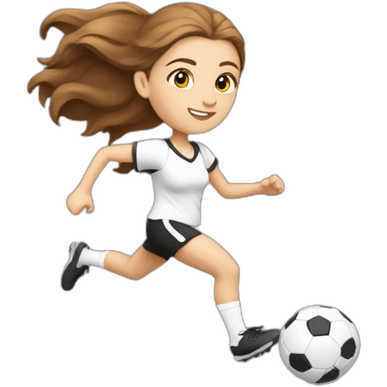 Caucasian girl with brown long hair running with a soccer ball wearing White short and black shorts emoji