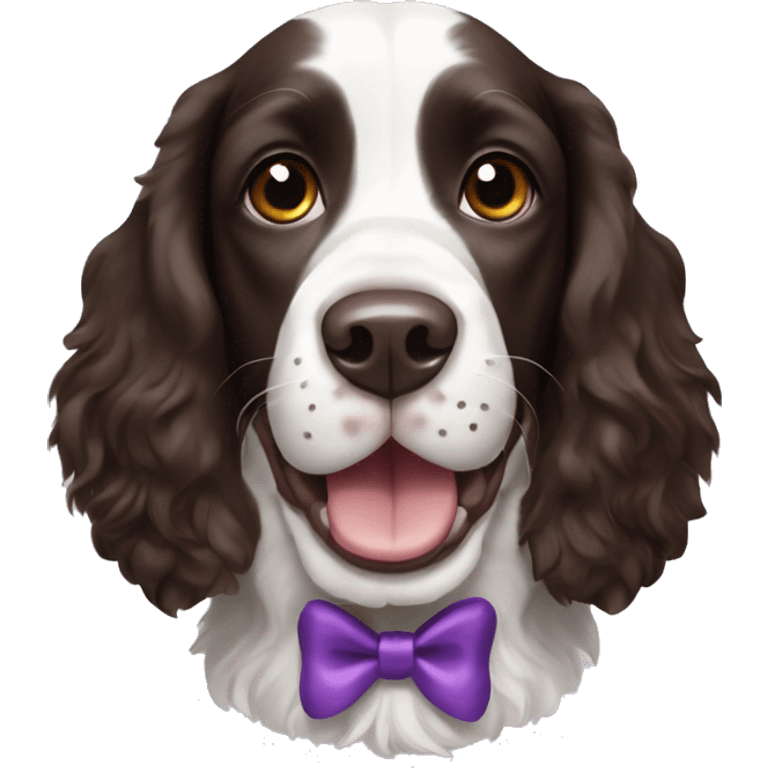 English springer spaniel dog that is happy with blackish browning ears and a white face with  a purple bow emoji