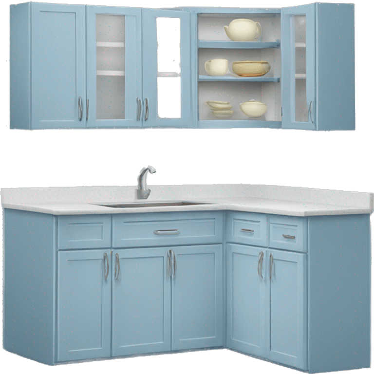 Realistic front facing powder blue kitchen  hanging cabinets. emoji