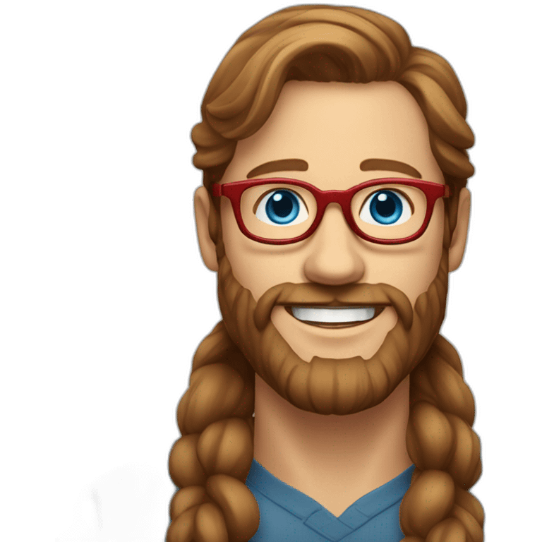 a Scandinavian man with blue eyes long brown hair a beard red glasses and a big smile emoji