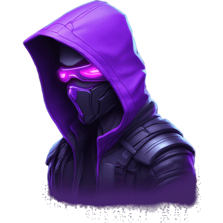 Side view developer behind his laptop with this style : crysis Cyberpunk Valorant neon glowing bright purple character purple violet black hooded assassin themed character emoji