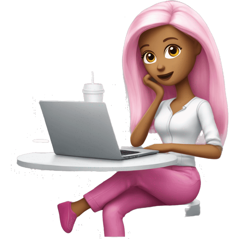 tired barbie with laptop drinking a lot of coffee emoji