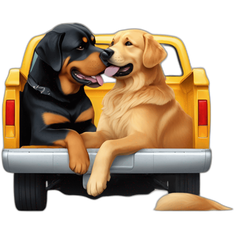 A rottweiller hug A Golden retriever in a truck emoji