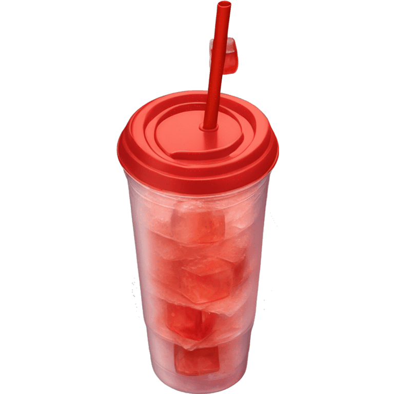 Realistic plastic cup and lid with Transluscent red soda and large ice cubes inside and one straw through the top of the lid. emoji