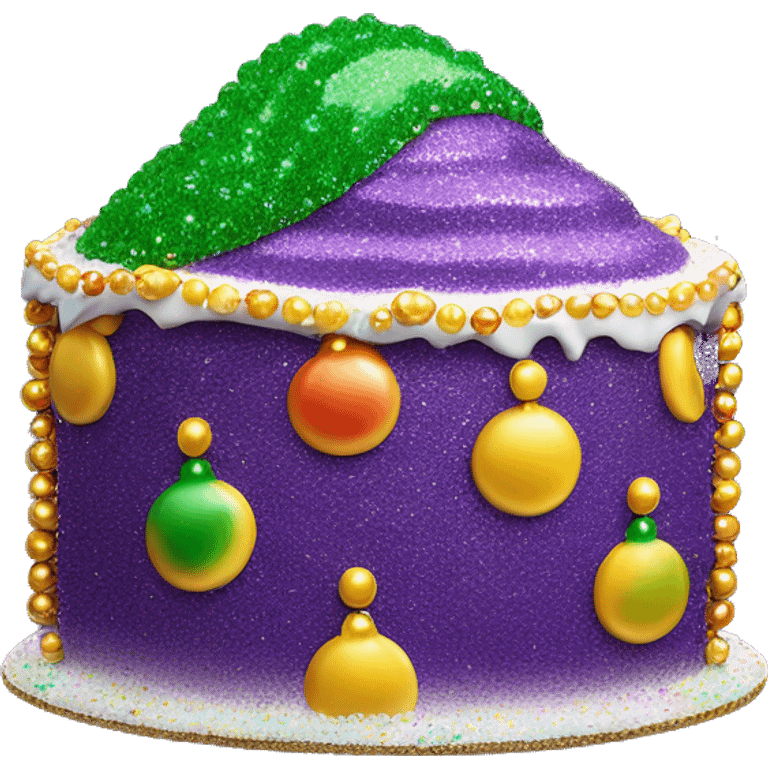 Realistic glitter icing king cake isolated with Mardi Gras beads layer across the top of the cake.  emoji