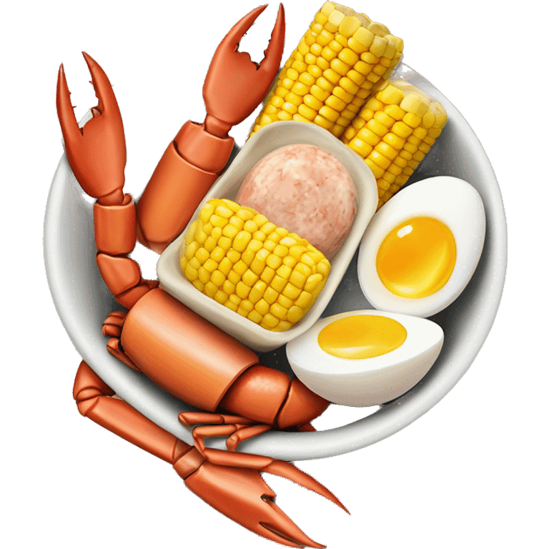 Bowl with crab legs and hard boiled eggs and corn cobs and sausage  emoji