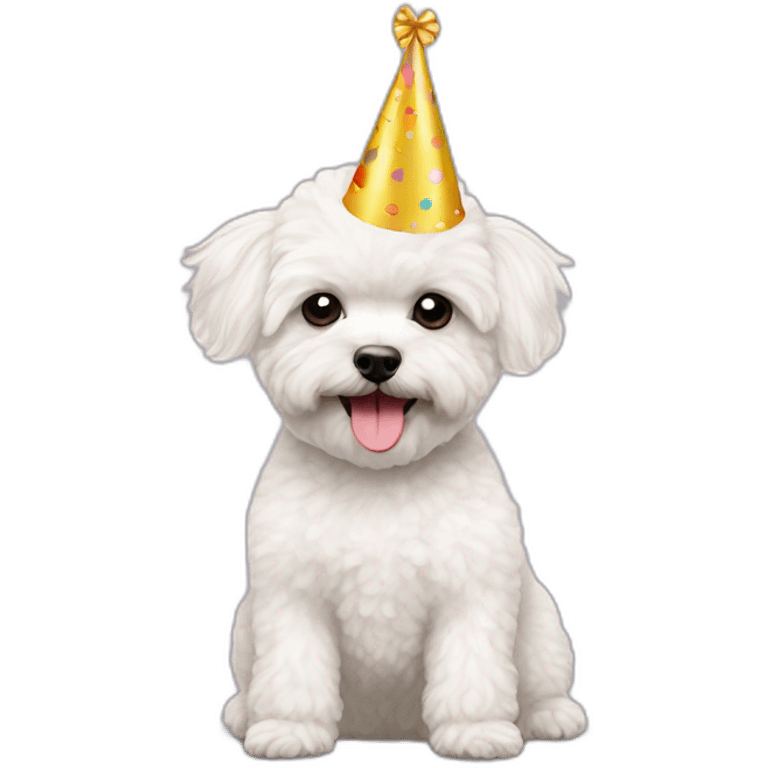 a white maltipoo with party hat emoji