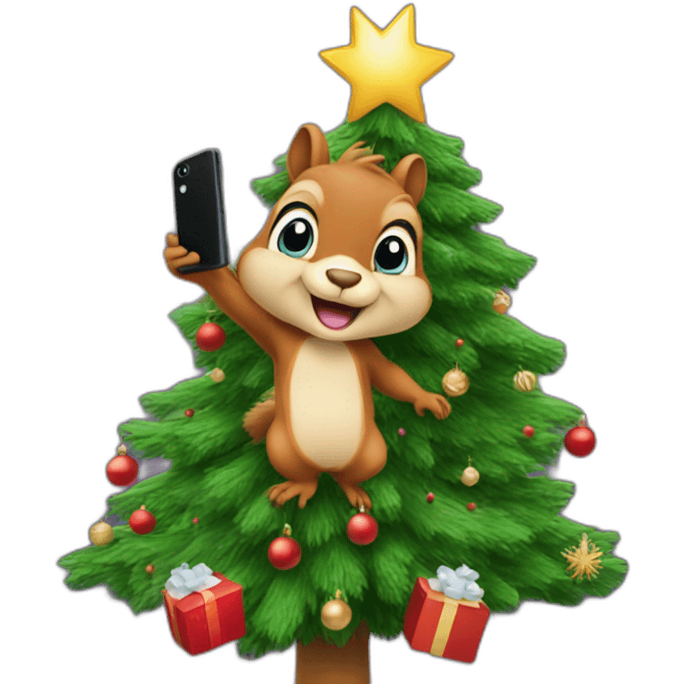 a squirrel on a Christmas tree takes a selfie emoji