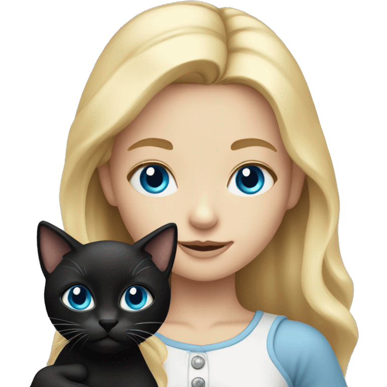 Blond girl with blue eyes with black kitty in her hands emoji