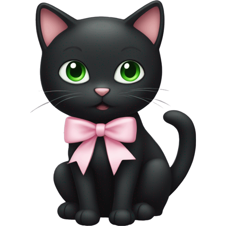 black cat with green eyes with a babypink bow on its tail emoji