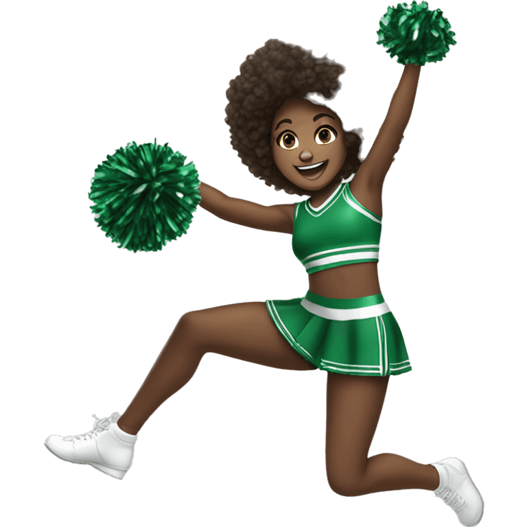 African-American girl, jumping up, happily holding two cheer pom-poms while wearing a green cheerleading outfit that reads pack in the center of the cheer uniform ￼ emoji