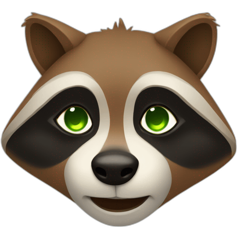 brown raccoon with orange eyes and a dark green hood that is crying emoji