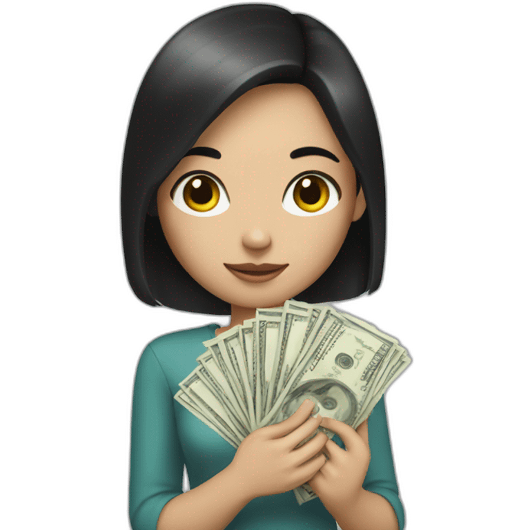 A girl who has black hair and white skin with money in her hands emoji