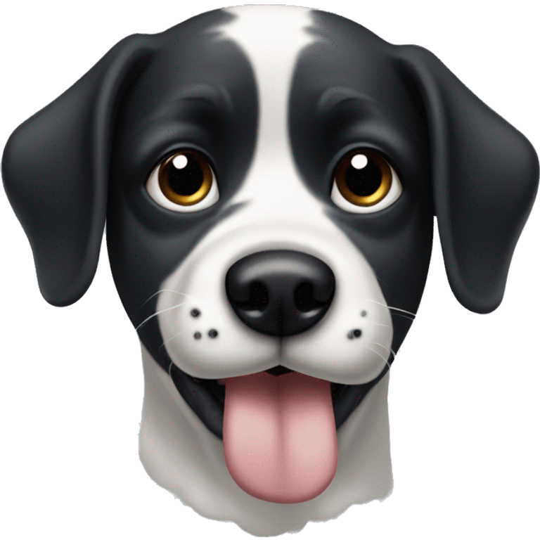 black and white dog with one small black eye patch and one big black eye patch sticking tongue out emoji