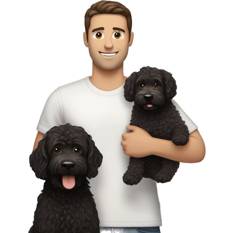 clean-shaven straight-haired brunette man holding black labradoodle emoji