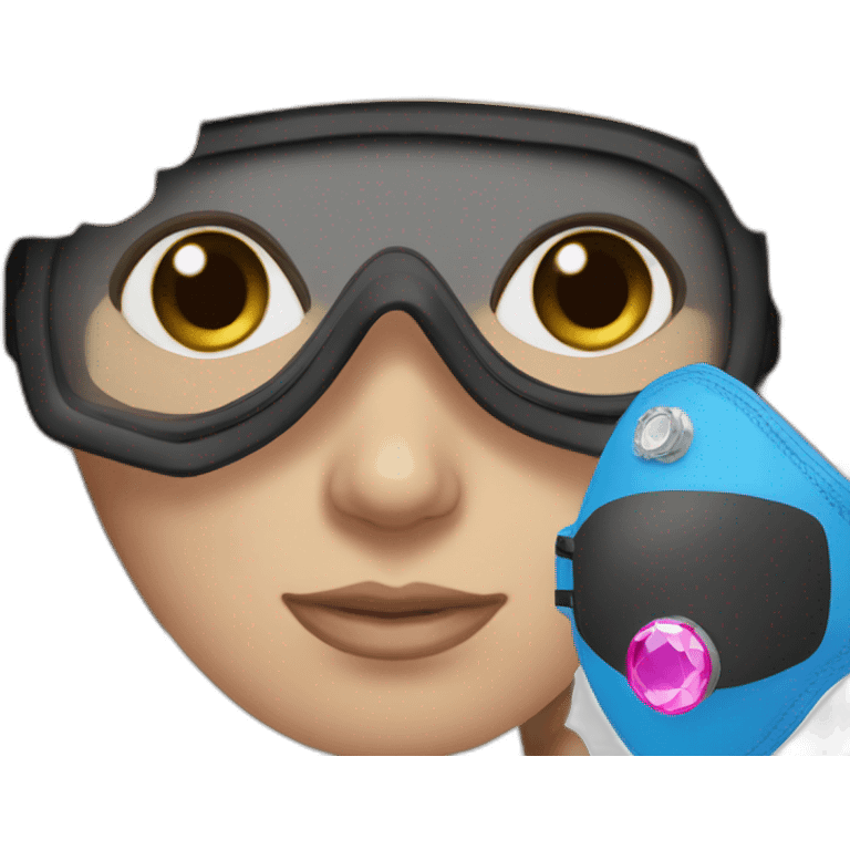 woman large brown and straight hair, pink diving mask with a single crystal. blue eyes, black scubadiving gear emoji