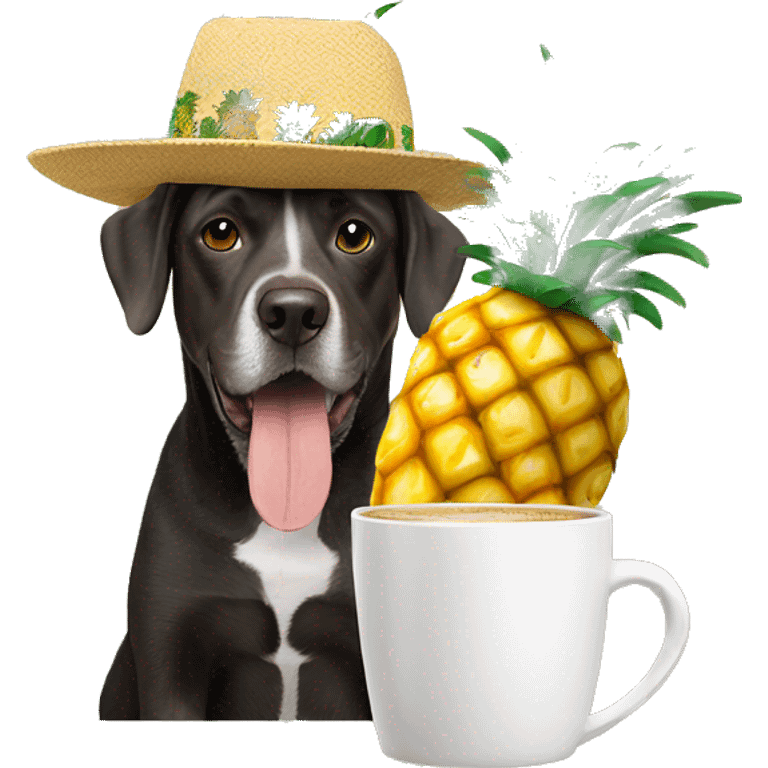 Dog wearing a hat with pineapples on it and a coffee cup  emoji