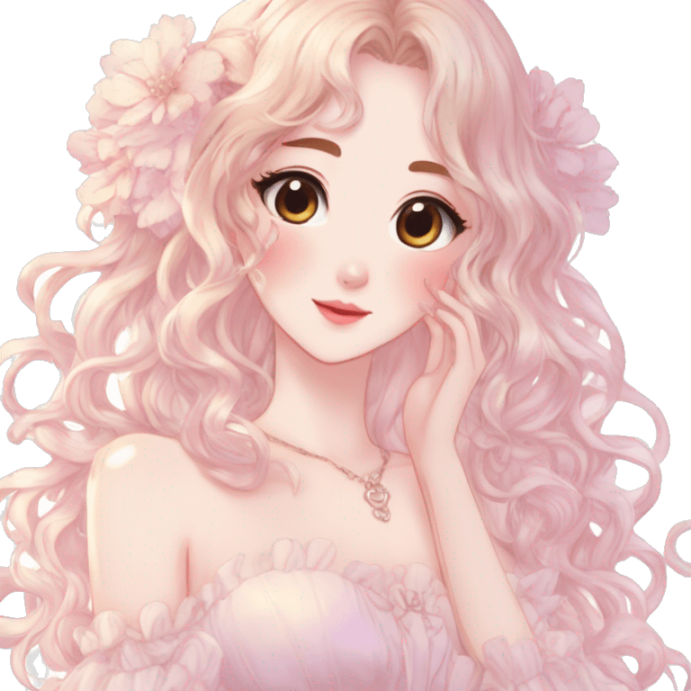 gorgeous pretty attractive anime lady beautiful hair with gorgeous dress fairycore cottagecore pastelcore detailed high quality trending VOGUE aesthetic full body emoji