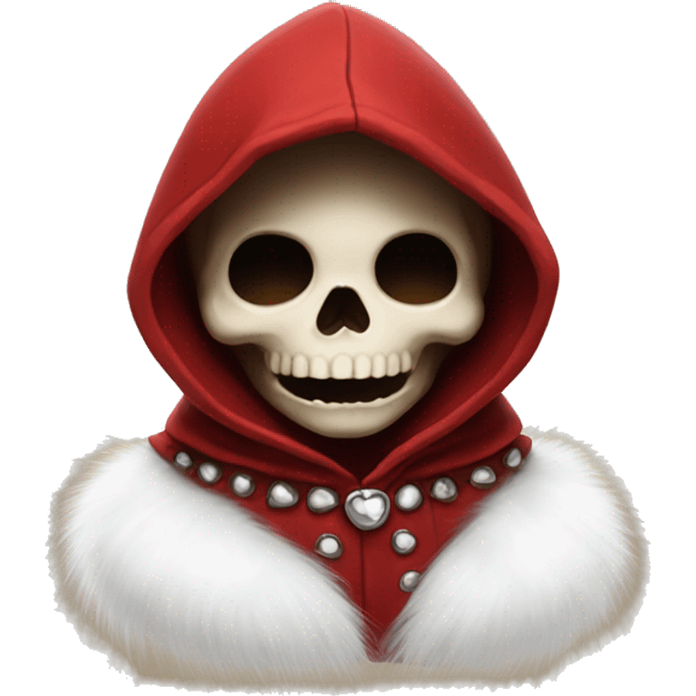 Cute young skull wearing a red velvet hood with white fur trim. emoji