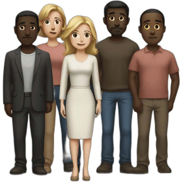 six dark-skinned men stand behind a pale woman emoji