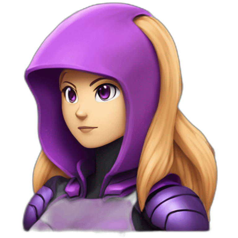 Girl developer behind his laptop with this style : Nintendo Samus Video game purple pink black hooded hacker themed character emoji