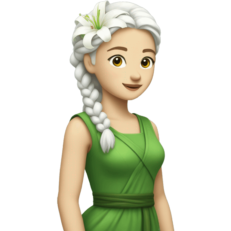 A white hair girl with a big braid and a white lily on the top left of the hair,a green dress made by lily leaves emoji