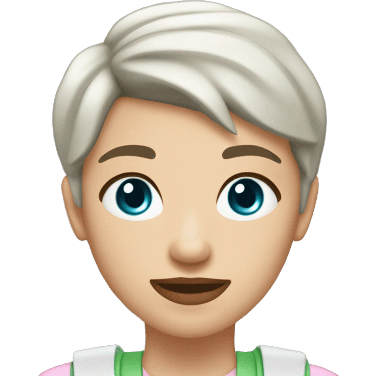 A brunette girl with a pixie cut, she has light pink lips, is white, and has hazel blue eyes. she wears a light green shirt, a white vest over, and a light red choker. She is a field medic emoji