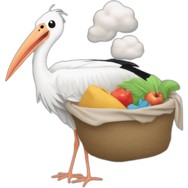  A big white stork carrying a bundle of cloth in its beak that has a cute white skinned baby face peeking out from it with black head emoji