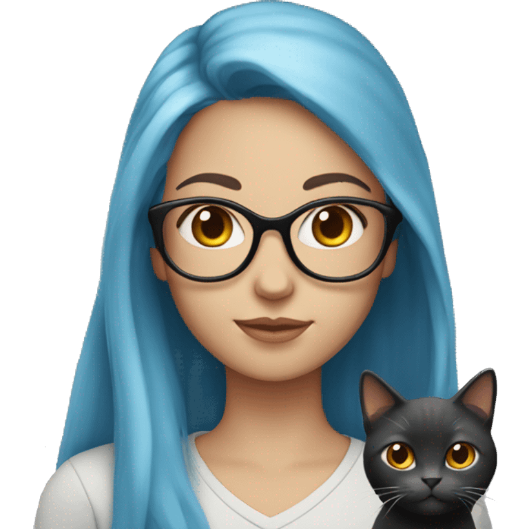 A girl with long red hair, with blue eyes, light skin, black glasses, holding an all grey cat  emoji