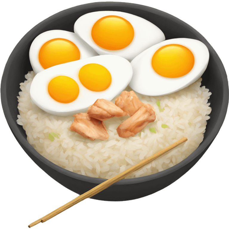 a bowl of rice with two eggs and two chicken drumstick on top emoji