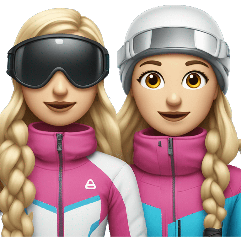 Blonde girl with long ponytail and girl with long brunette wavy hair in ski clothing and ski googles emoji