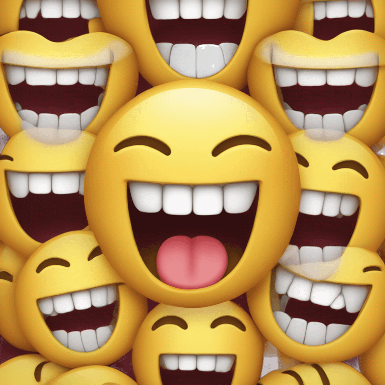 Laughing emoji with one crooked teeth that is a one canine teeth is on top of others and a bit long  emoji