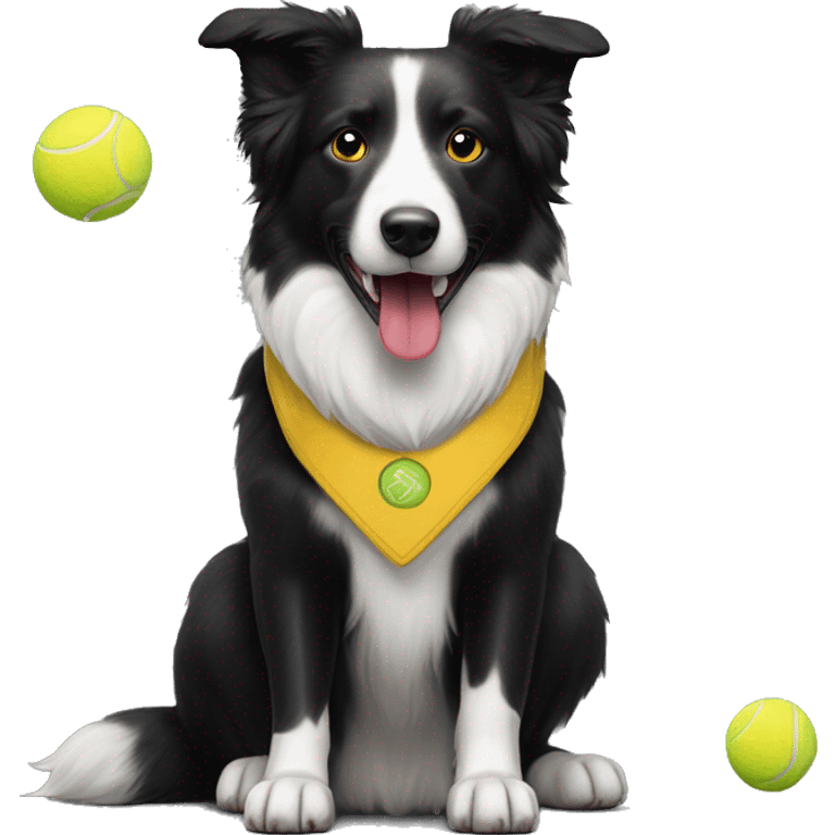 Black with a little white on her short fur border collie dog with red collar and yellow tennis ball in her mouth emoji