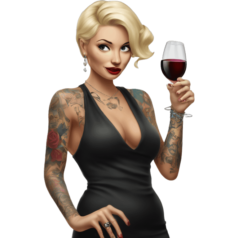 Blonde elegant women, her body covered with tattoos, wine in her one hand, pointing on you with her other hand , Hyper realistic emoji