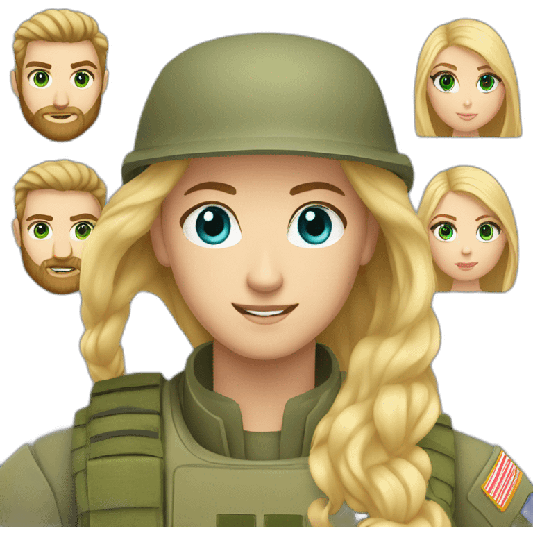 military blonde man with beard, blue eyes with girl who has long light-brown hair and green-grey eyes emoji