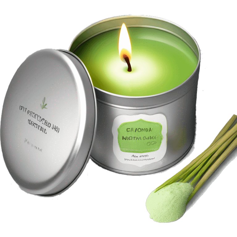 pretty matcha scented candle in silver tin with label realistic emoji