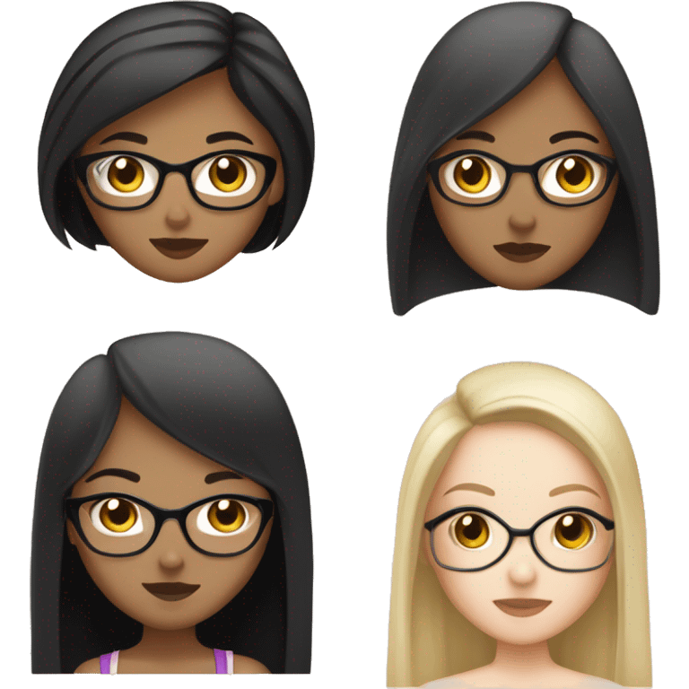 four girlfriends one with black straight hair with white skin arab, the second asian with black straight hair that shimmers into blond, the third asian with brown straight hair, the fourth russian with glasses with brown straight hair emoji