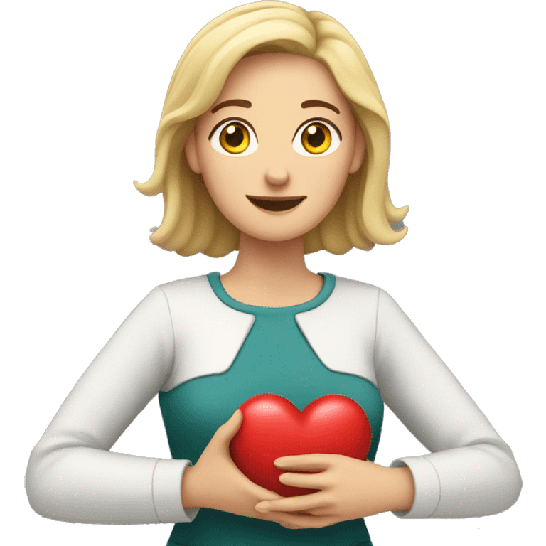 A European woman teacher holds her heart in her hands emoji