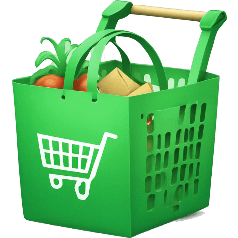 A green shopping bag in a shopping cart resolving code bugs emoji